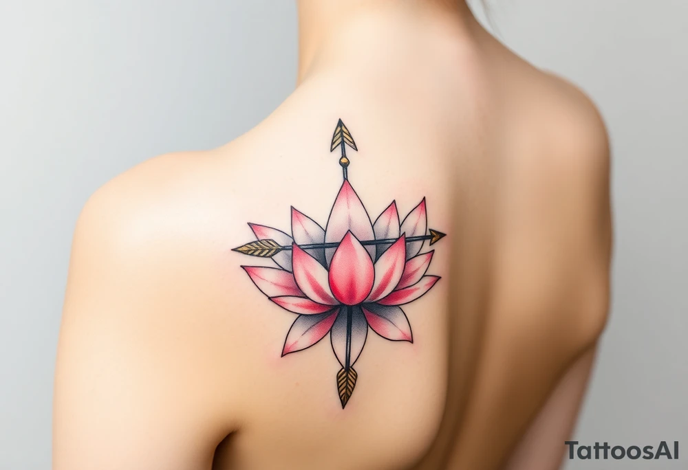A Sagittarius arrow wrapped in blooming lotus flowers, symbolizing spiritual growth, in soft pink and gold tattoo idea