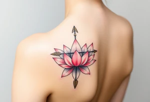 A Sagittarius arrow wrapped in blooming lotus flowers, symbolizing spiritual growth, in soft pink and gold tattoo idea