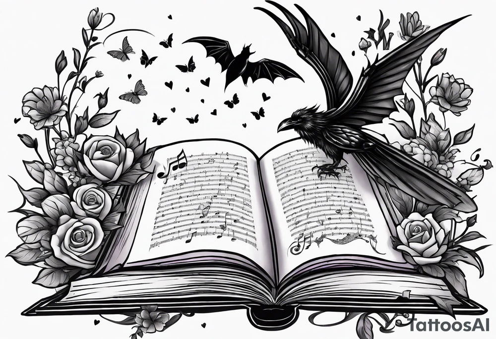 Create a simple drawn tattoo of an open book with a small dragon flying over, a pawn piece to the right, a single music note just above, a raven perched on the book corner, bumblebee on lavender flowers spread underneath tattoo idea