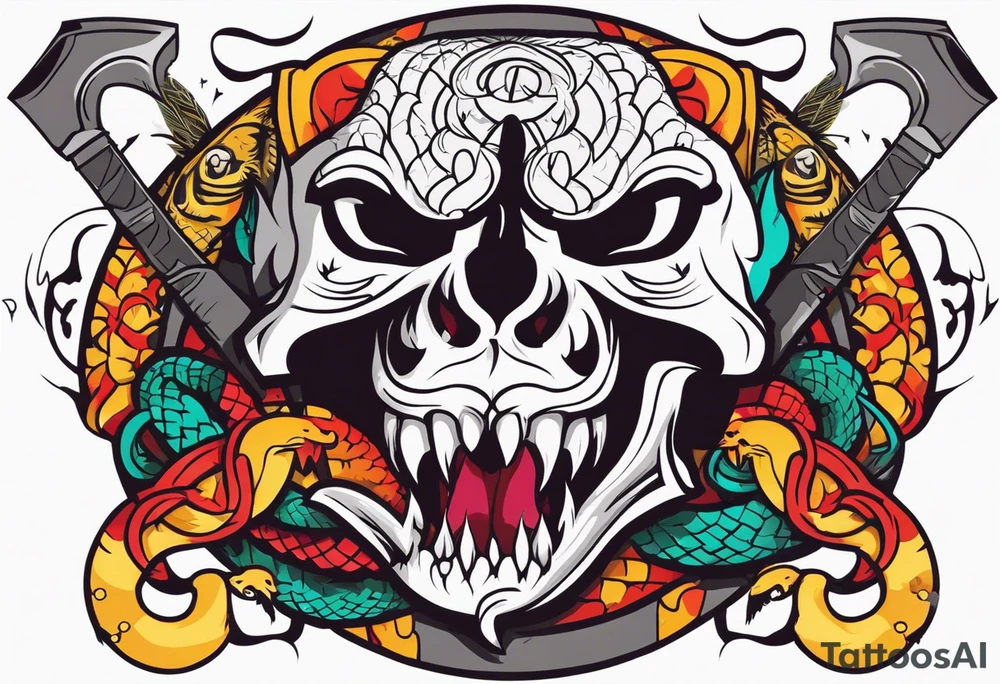 A skull, a Wolf and a Snake making a circle, insider a Hammer and a thunder tattoo idea