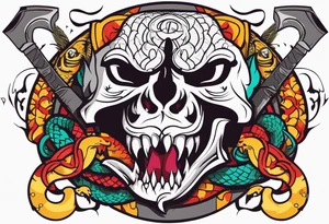 A skull, a Wolf and a Snake making a circle, insider a Hammer and a thunder tattoo idea