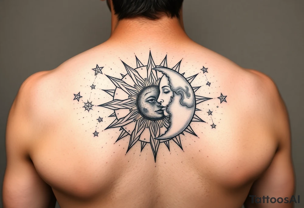 celestial sun and moon embrace with constellation patterns tattoo idea