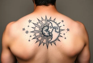 celestial sun and moon embrace with constellation patterns tattoo idea