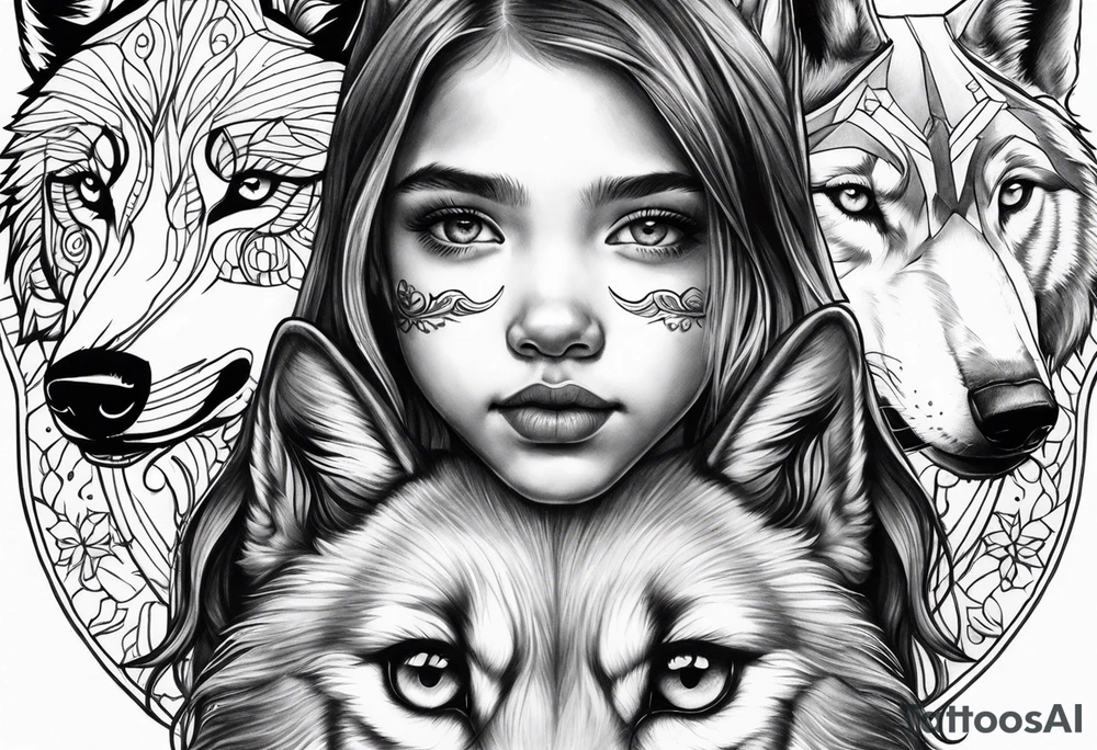Half girl toddler face half wolf face tattoo idea