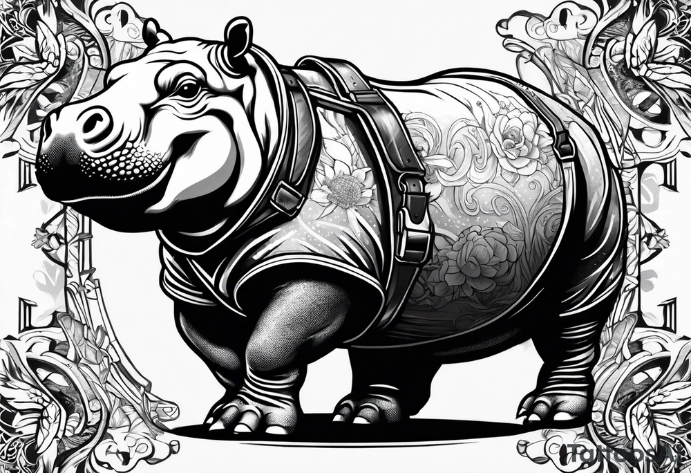 Baby hippo wearing overalls and holding a gun tattoo idea