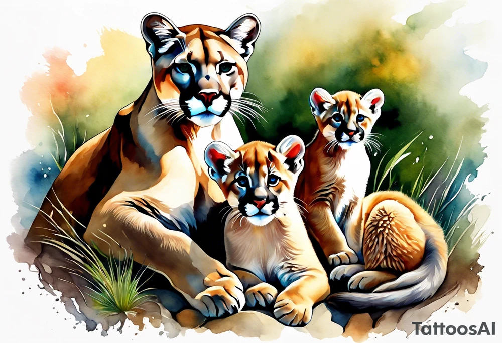 Mother mountain lion with 2 cubs, mother otter with 1 baby and mother flicker bird with one baby tattoo idea