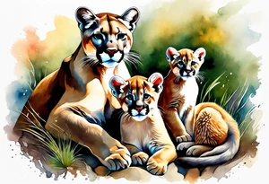 Mother mountain lion with 2 cubs, mother otter with 1 baby and mother flicker bird with one baby tattoo idea