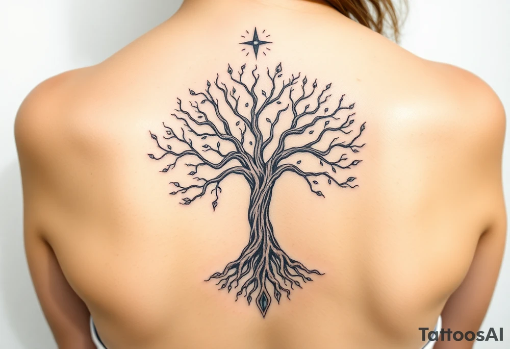 mystical tree of life with cosmic roots and celestial branches tattoo idea