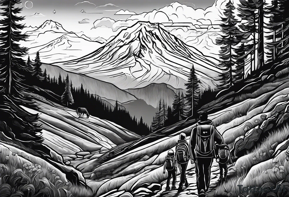 A man  with his family hiking through the mountian Rainer . Add Mexican frame tattoo idea