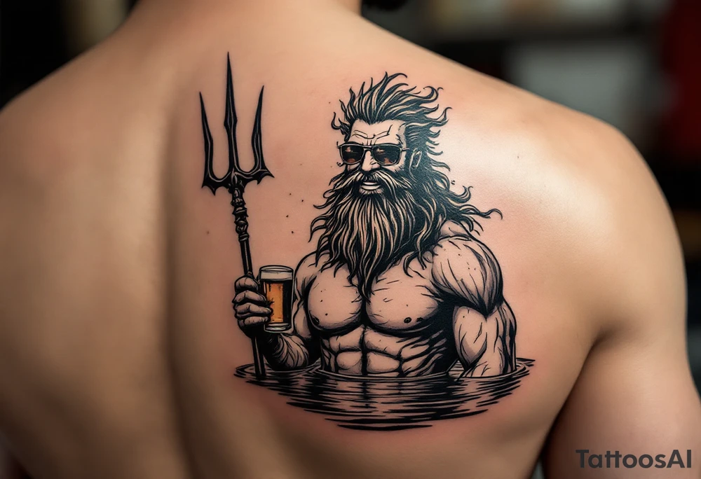 smiling, fit poseidon, with a trident, in calm water, holding a beer, with sunglasses tattoo idea