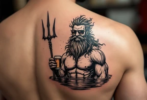 smiling, fit poseidon, with a trident, in calm water, holding a beer, with sunglasses tattoo idea