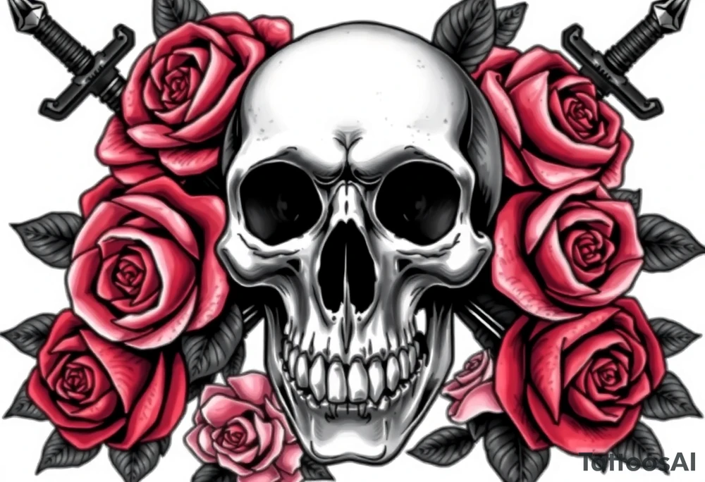 Close-up of a skull entwined with dark blooming roses, ornate broadswords. tattoo idea