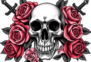 Close-up of a skull entwined with dark blooming roses, ornate broadswords. tattoo idea