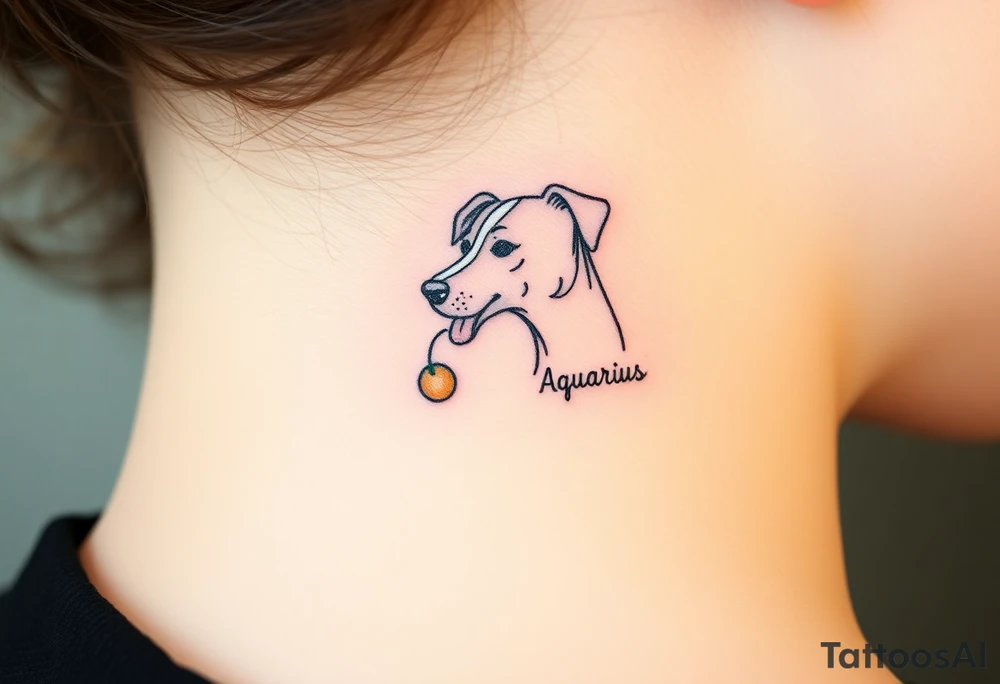 One line tattoo of female dog with white strip going up dog’s snout slightly off centered. With  toy and the dogs tongue slightly out and the name kiwi and an Aquarius them to it . Just the colors black  white brown and green tattoo idea