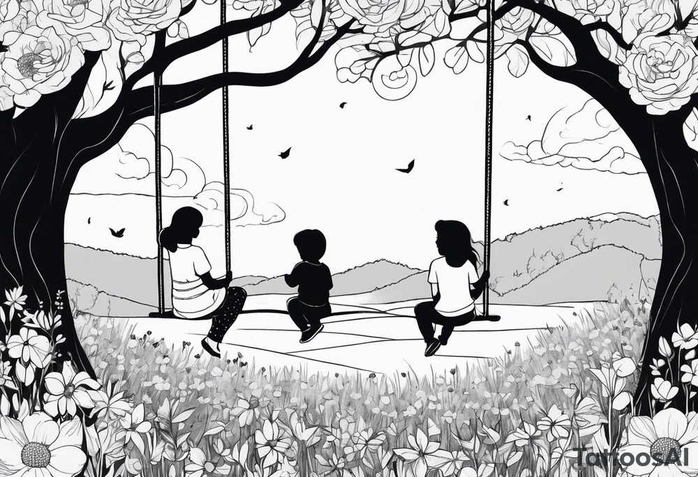 Mom with son and daughter on a swing in the distance in a field of flowers tattoo idea