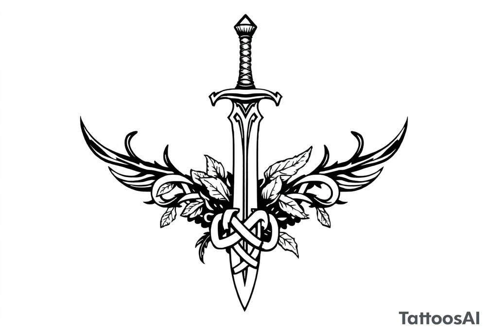 a sword with an overgrown Celtic knot band infused with nature tattoo idea