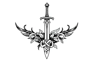 a sword with an overgrown Celtic knot band infused with nature tattoo idea