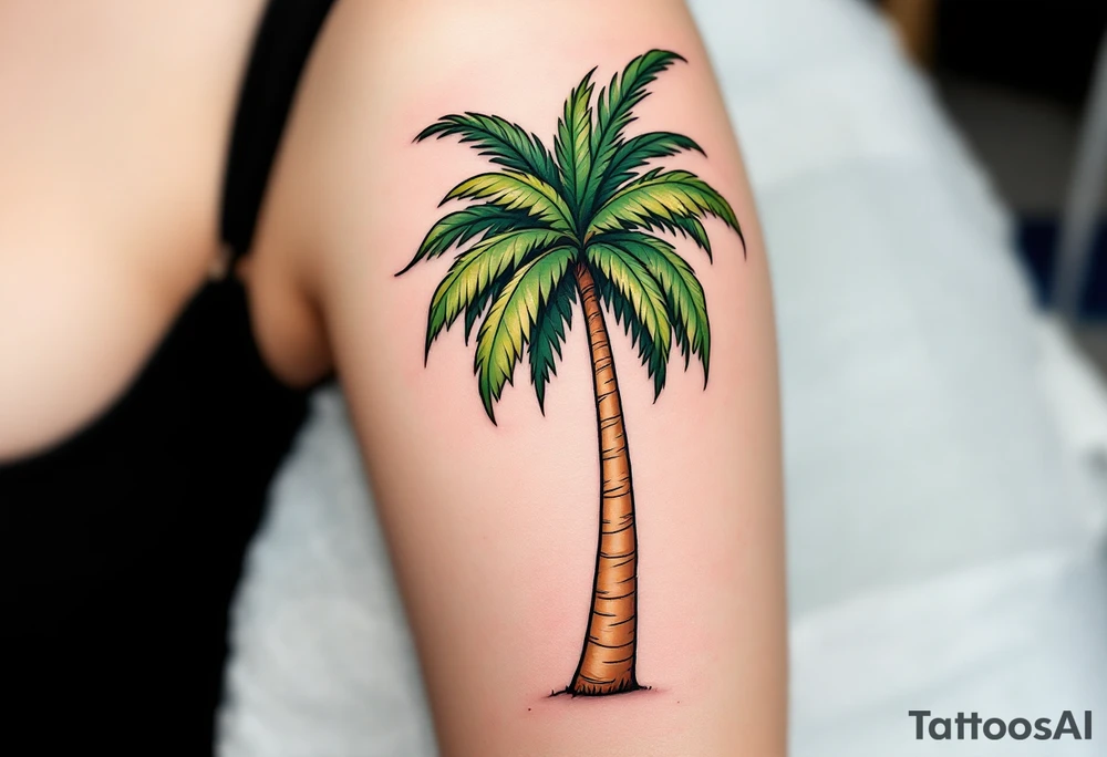A tall, slender palm tree with a textured sandy-brown trunk and wide, vibrant green fronds gently arching outward. tattoo idea