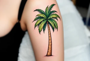 A tall, slender palm tree with a textured sandy-brown trunk and wide, vibrant green fronds gently arching outward. tattoo idea
