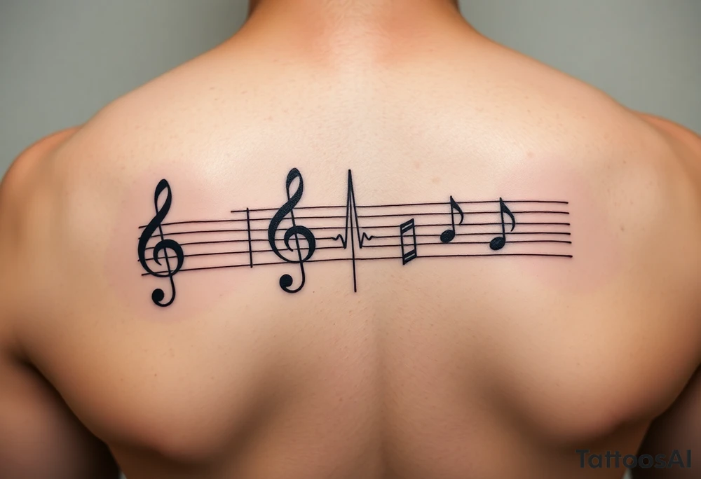 Music staff with treble clef and music notes with Ekg line in middle of tattoo tattoo idea
