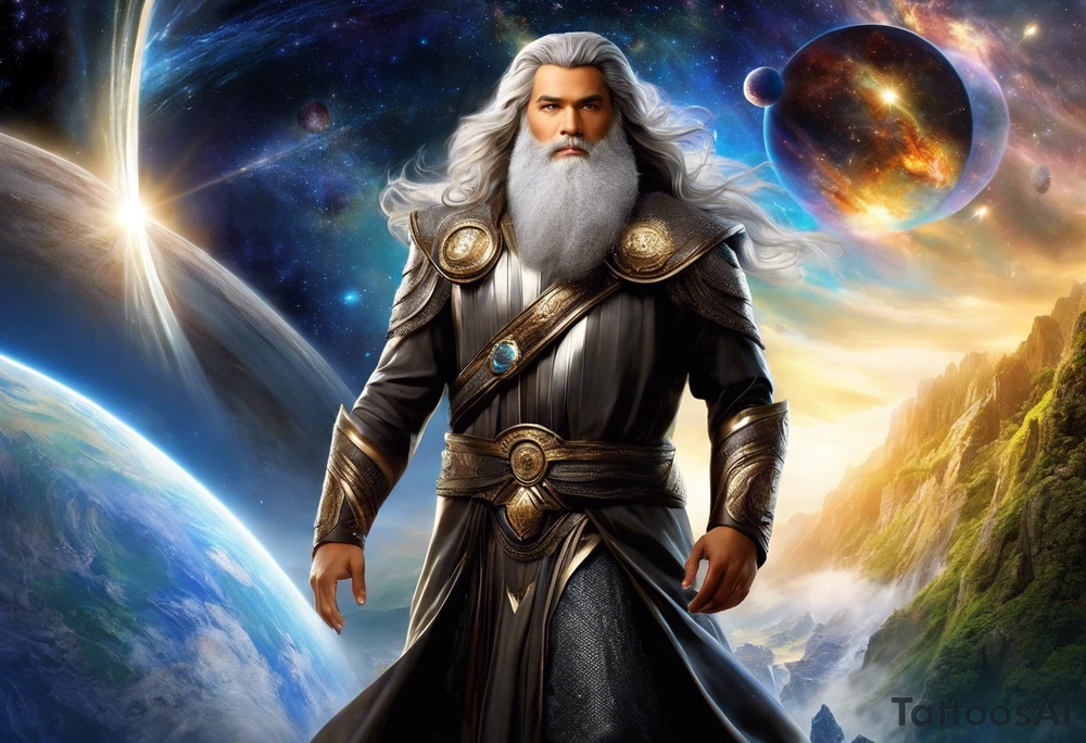 Jehovah looking out at the marvels of his creation from the atoms to the galaxy and celestial beings. With grey wash and a fantasy theme. Jehovah has to be a character who is so majestic, charismatic, immensely powerful. There isnt a single thing he isnt capable of doing. Infinitely powerful forward facing. Without the pagan styled attire and without the pagan symbols etceterashirtless, large muscular athletic physique, deep muscle definition tattoo idea