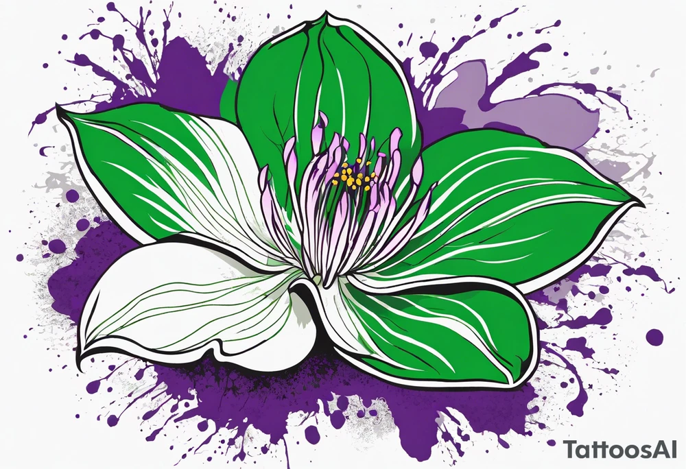 An outline of a rio dipladenia flower with a splatter green and purple behind it tattoo idea