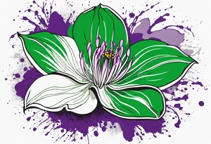 An outline of a rio dipladenia flower with a splatter green and purple behind it tattoo idea
