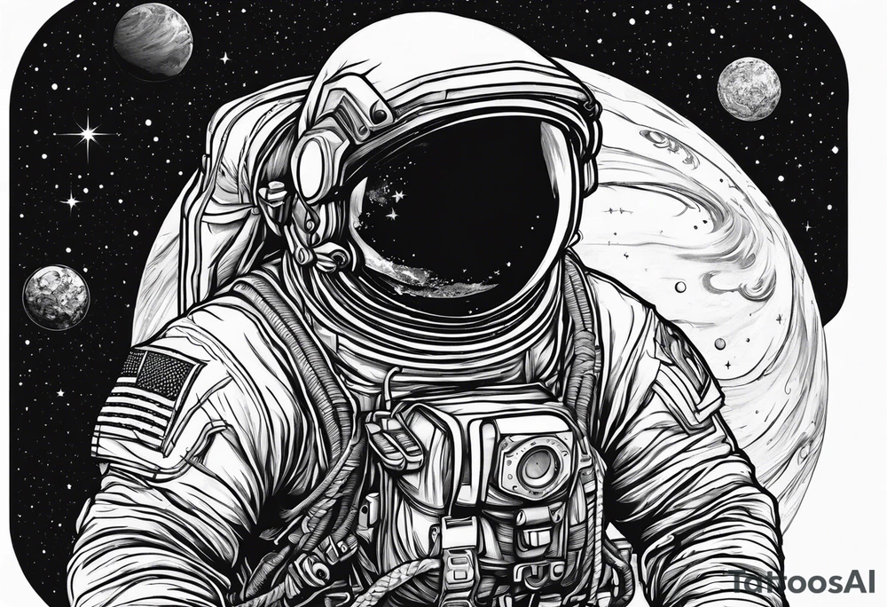 an astronaut hunched over in space from the back holding a planet in his hands tattoo idea