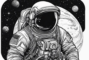 an astronaut hunched over in space from the back holding a planet in his hands tattoo idea