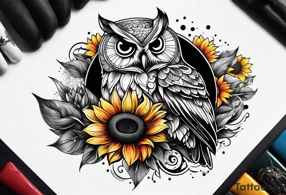 Sleeve Owl with colorful sunflowers tattoo idea