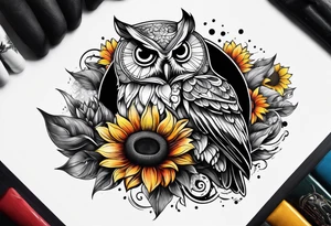 Sleeve Owl with colorful sunflowers tattoo idea