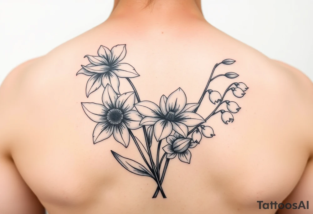 Daffodil,Daisy and lily of the valley intertwined tattoo idea