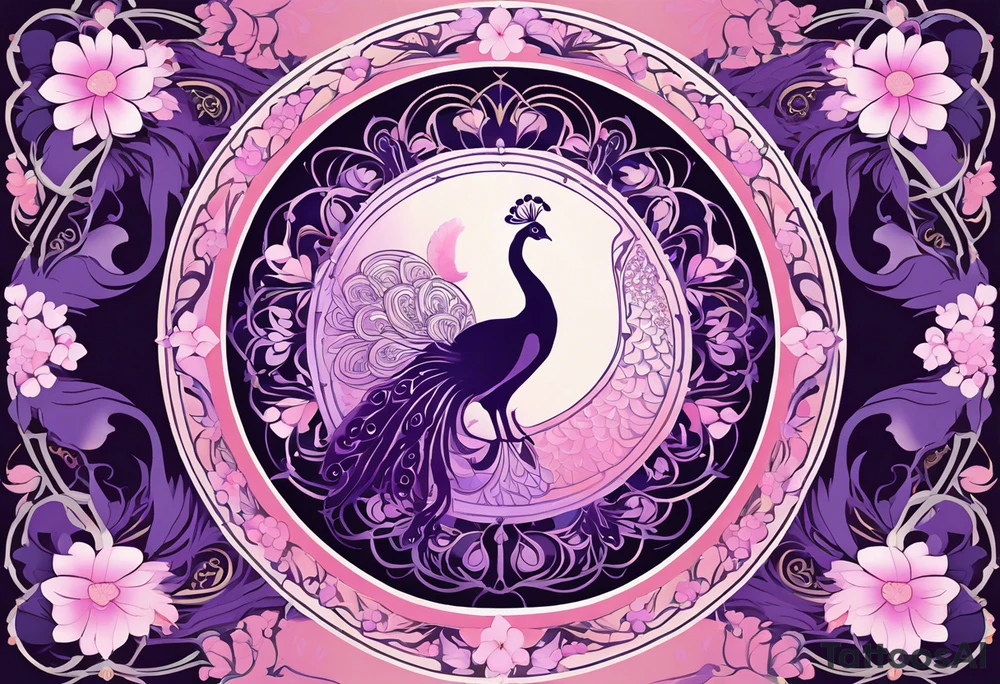 An Art Nouveau-mandala fusion illustration of a twilight sakura garden with glowing peafowls. The garden is filled with pink and lavender sakura blossoms, and exotic peafowls with ethereal, glowing feathers spread their tails. Each feather is decorated with intricate mandala details. The garden is bordered by Art Nouveau-inspired curved lines and delicate scrollwork that lead into concentric circles of cherry blossoms and vines. The color palette is a soft blend of blush pinks, lilacs, and deep indigo, with a hint of golden light illuminating the scene like lanterns. A mist of magic floats around, adding an enchanting glow to this peaceful, floral sanctuary. tattoo idea