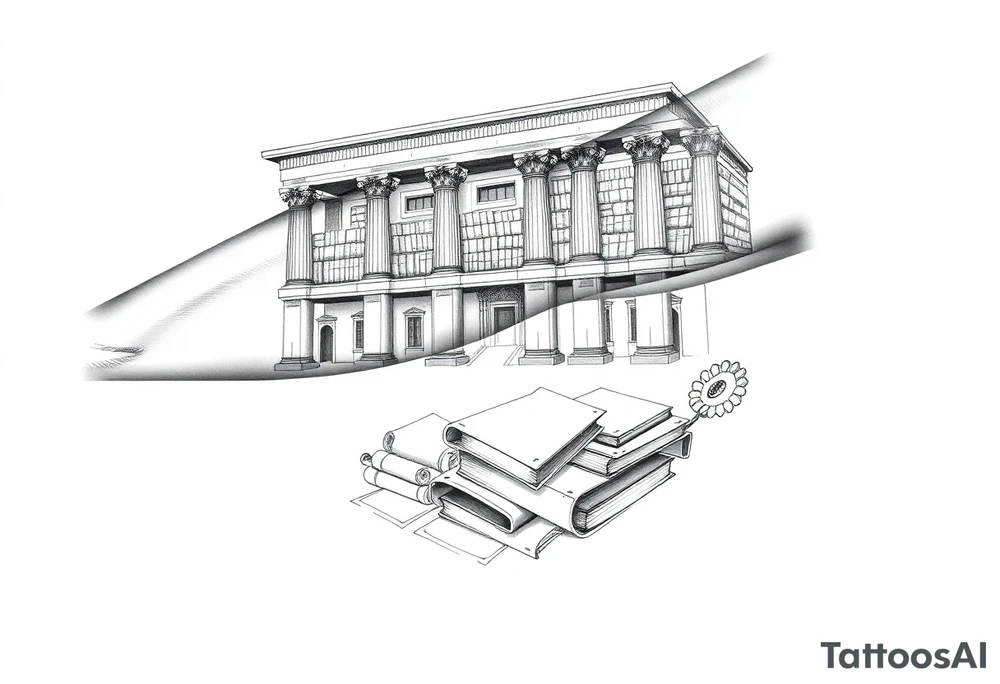 The library of Alexandria with books and scrolls of knowledge beneath tattoo idea