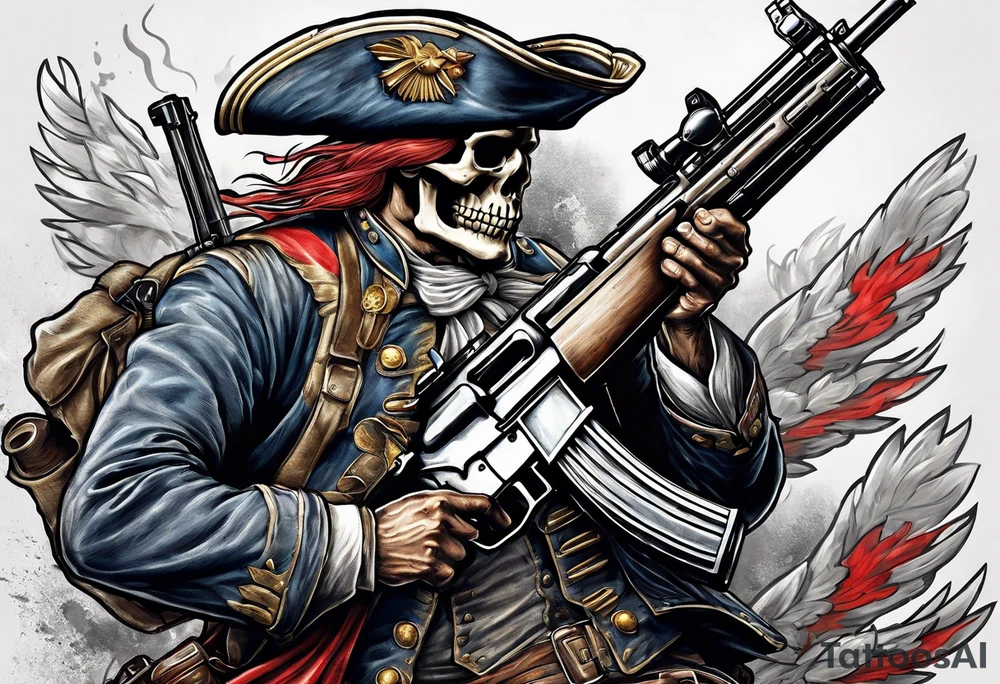 revolutionary war skull faced
 sodier running with a machine gun "liberty or death" tattoo idea