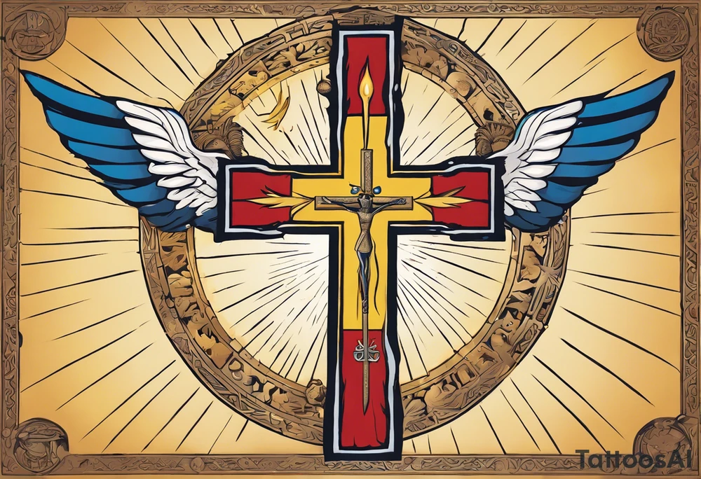 A medieval cross with an assyrian flag in the middle. A crown om top of the cross. The assyrian king Sennacherib. A sun and a moon. A cloud with rain and thunder. charizard. an imperfect cirkle. a candle. a swan. lemons. the god asshur with wings. an ankh. angel wings with a halo. surrounded by olive branches and feathers. all black and white. no shadowing. tattoo idea
