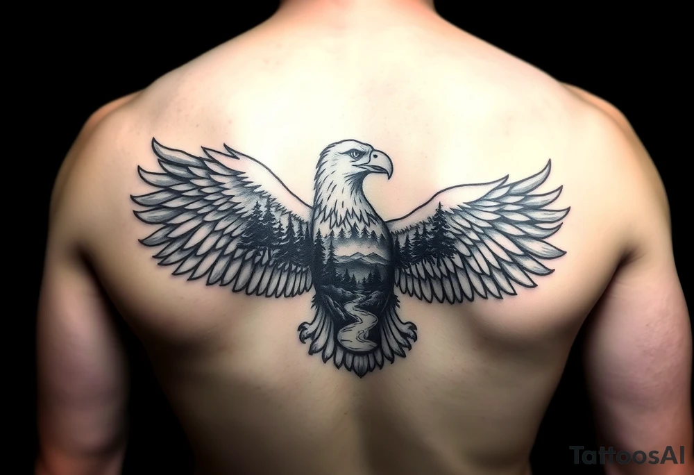 I want an eagle but inside of its wings I want a forest and a little river and maybe a horse drinking from the river. Not too big it has to fit on a 2 inch by 2 inch area tattoo idea