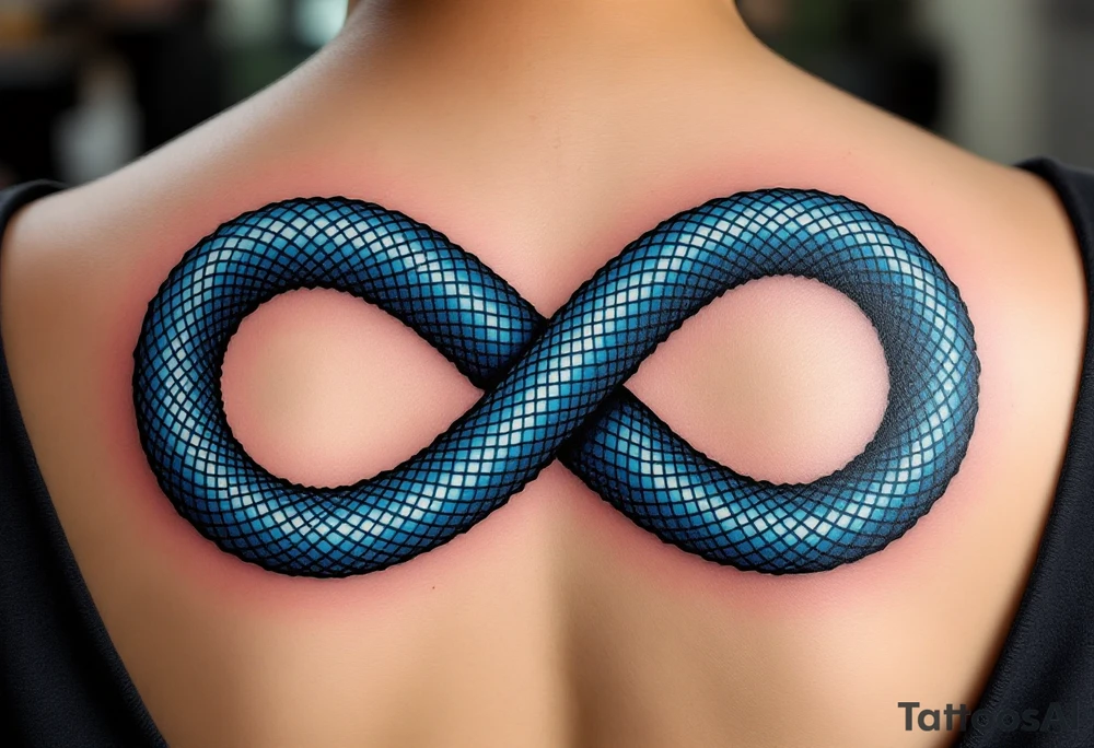 Generate a graphic of a snake. The snake should be a vibrant blue, similar to the color of the snake in the image I've uploaded. The snake should be coiled to form an infinity symbol. Within the two loops of the infinity symbol, leave two distinct empty spaces. These spaces are reserved for the placement of the 'xin' and 'yungun' symbols. The overall style should be clean and modern. and i uploaded the image of the snake too. tattoo idea