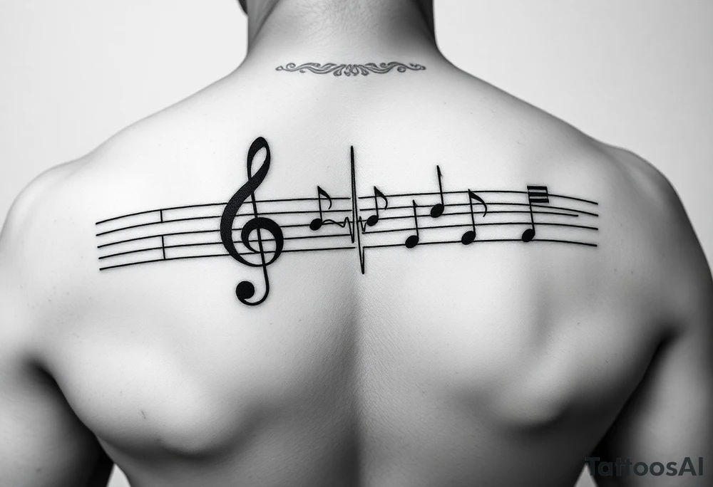 Music staff with treble clef and music notes with Ekg line in middle of tattoo tattoo idea