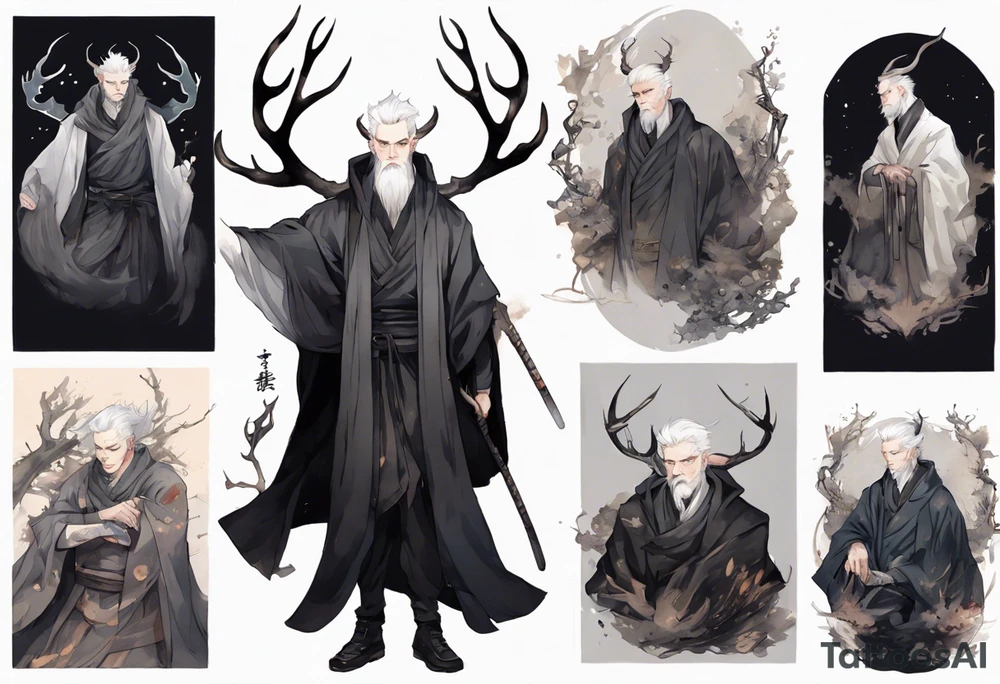 a gaunt man with white hair, grey eyes, antlers and a black cloak standing in the dark tattoo idea