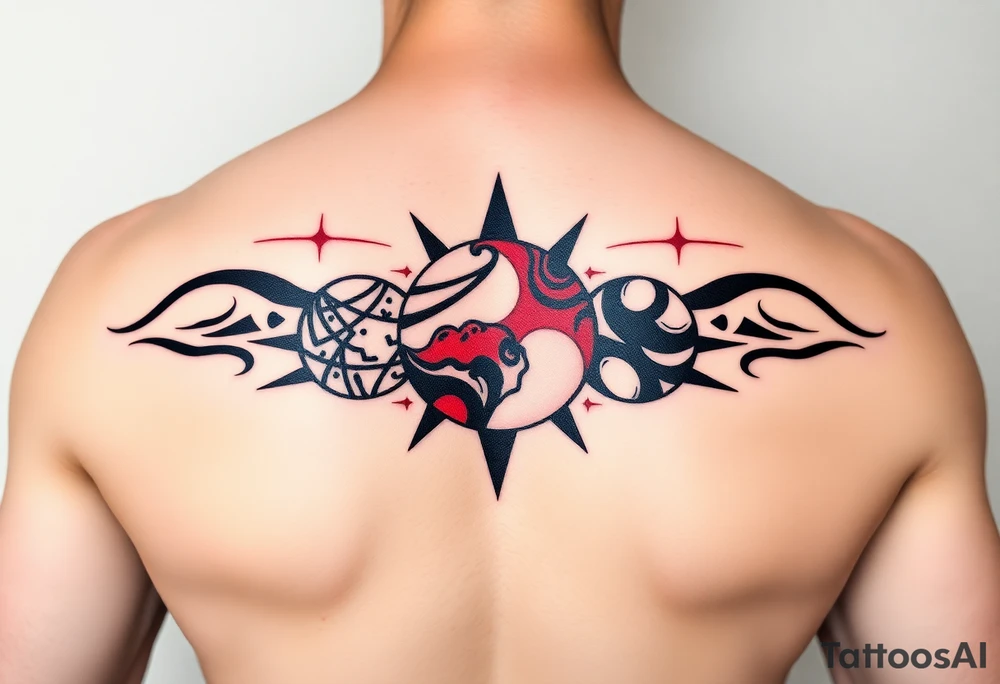 three planets horizontal. Color Black and red with more black tattoo idea