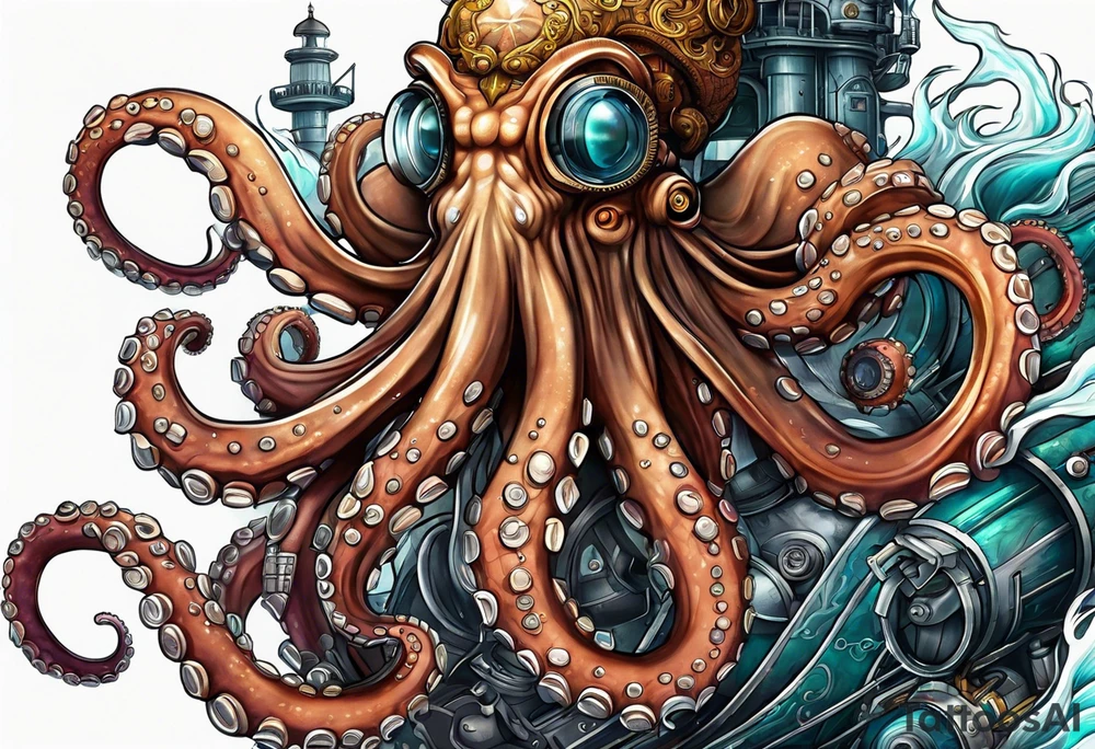 Octopus, machine, diesel engine, submarine tattoo idea