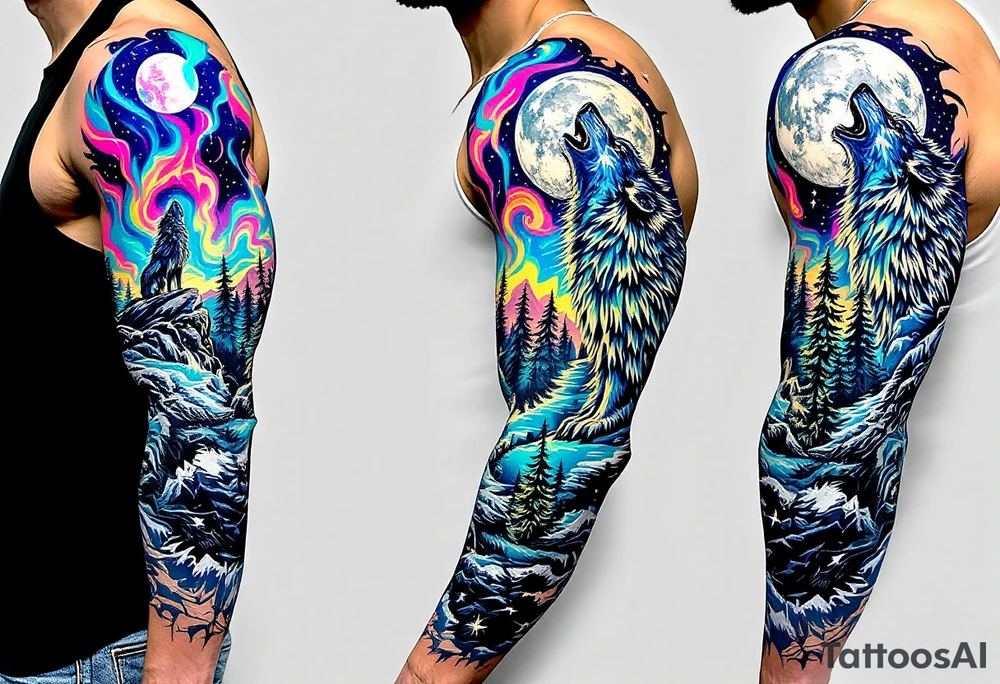 lone wolf howling at full moon with northern lights backdrop tattoo idea