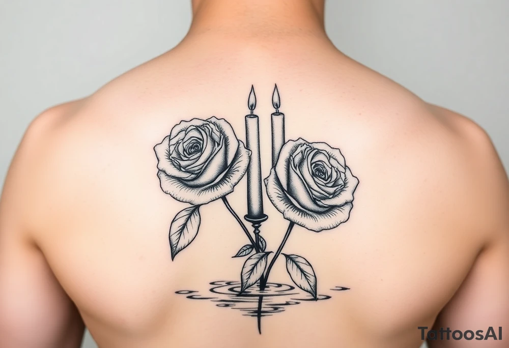 2 blue roses and candles, water, arm tattoo idea