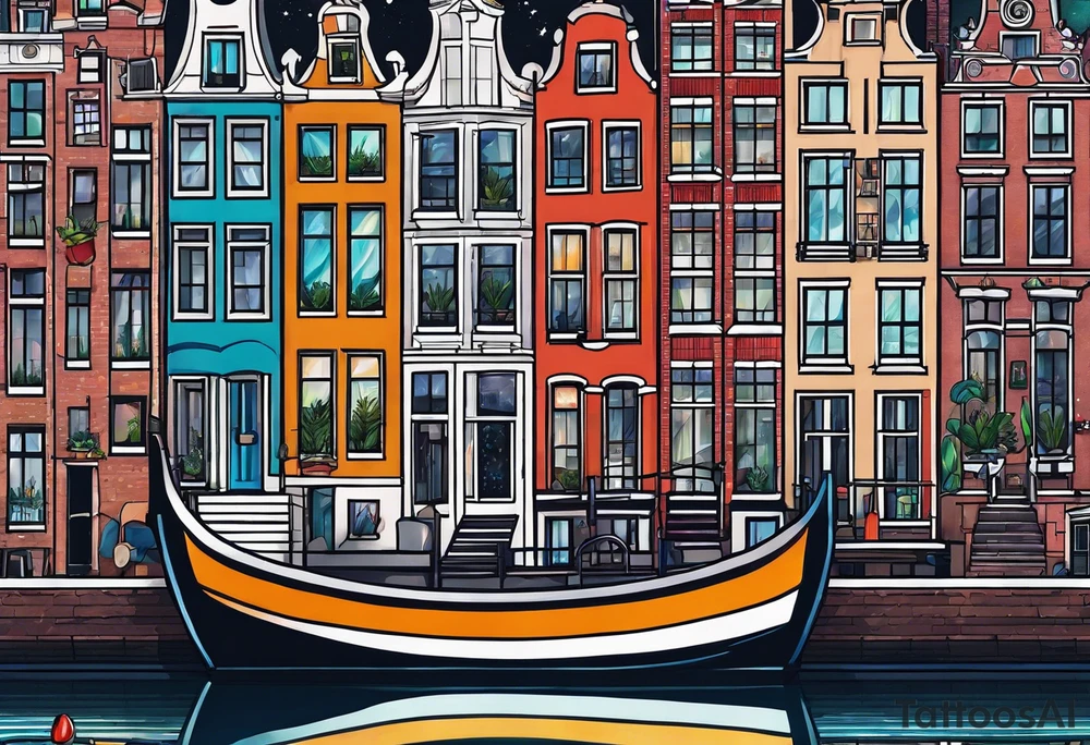 Tattoo of amsterdam buildings and canal featuring glass, animals and pineapples in galaxy colours tattoo idea