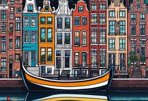 Tattoo of amsterdam buildings and canal featuring glass, animals and pineapples in galaxy colours tattoo idea