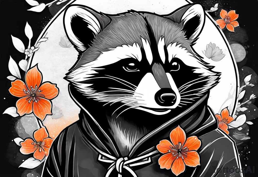 Raccoon wearing a white Superman logo on a black hoodie and orange Japanese cherry blossoms tattoo idea