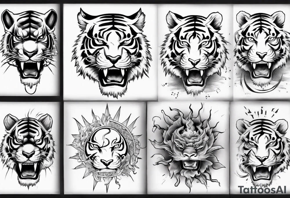 Tiger sleeve tattoo with lightning and the sun tattoo idea