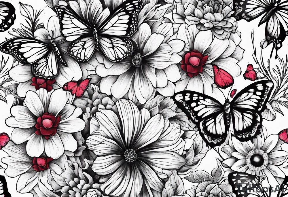Flowers with "Ruby" in calligraphy font and butterflies around it tattoo idea