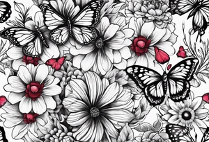 Flowers with "Ruby" in calligraphy font and butterflies around it tattoo idea